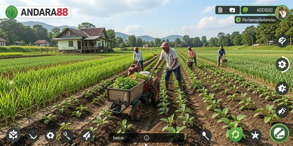 Tangkapan layar dari gameplay ANDARA88 menunjukkan ladang yang subur dan aktivitas berkebun.