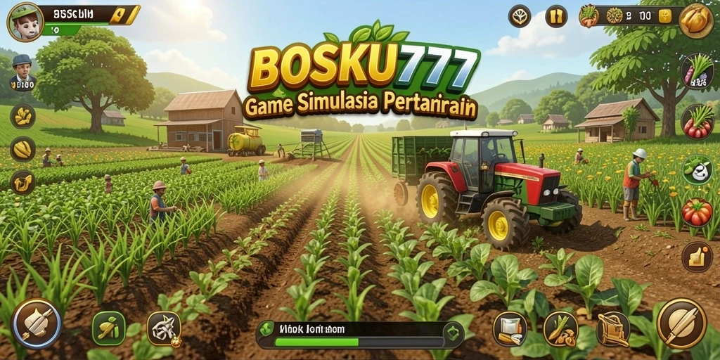 Tangkapan layar gameplay BOSKU777 menunjukkan aktivitas bertani yang seru.