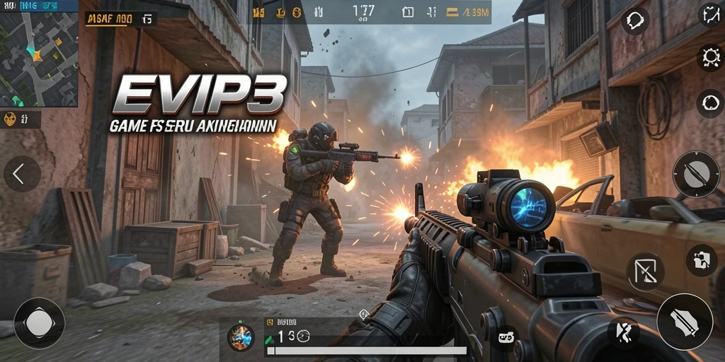 Tangkapan layar utama EVIP3 menampilkan aksi pertarungan yang intens dalam gameplay FPS.